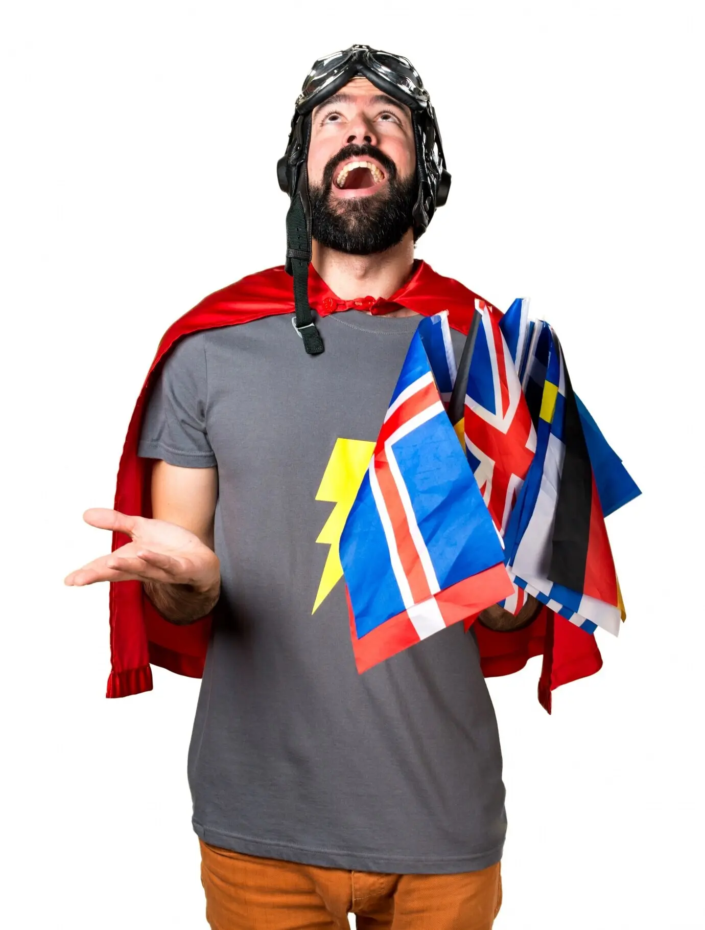 Superheld mit vielen Flaggen, der fleht